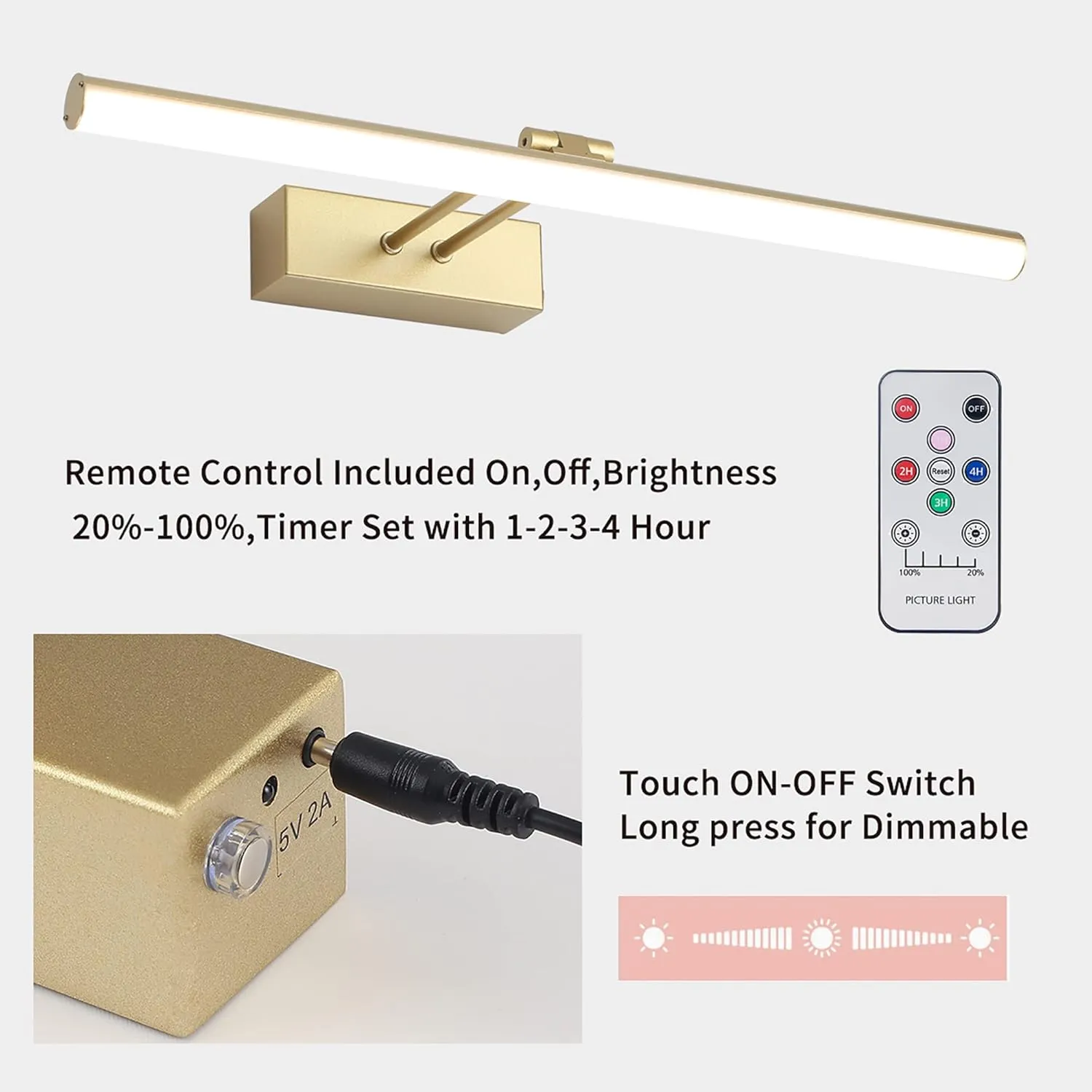 Battery Operated Picture Light,5200mAh Picture Lights for Wall with Remote,16 inch Art Light for Paintings, Gallery Lighting for Photo,Mirror,Artwork Frame,Portrait(Gold)