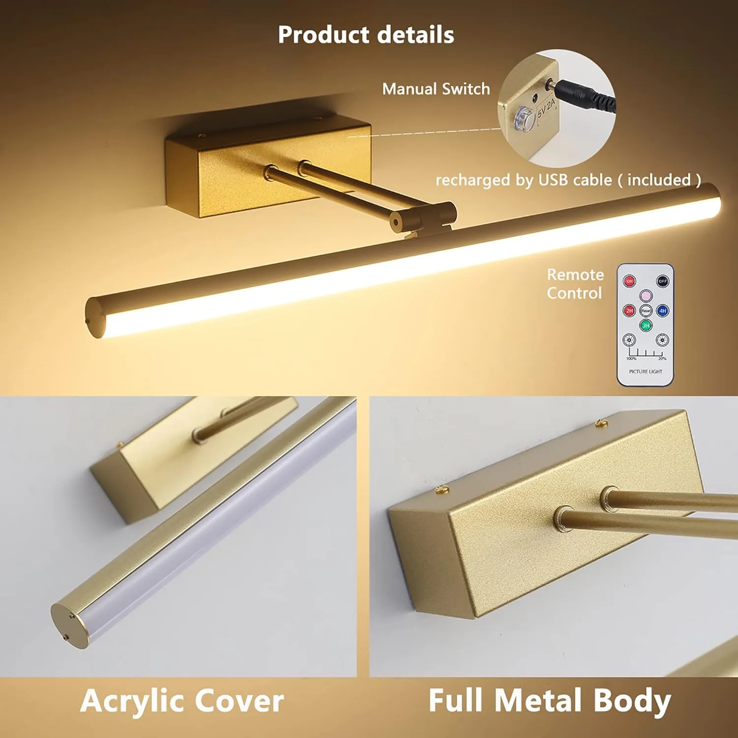 Battery Operated Picture Light,5200mAh Picture Lights for Wall with Remote,16 inch Art Light for Paintings, Gallery Lighting for Photo,Mirror,Artwork Frame,Portrait(Gold)