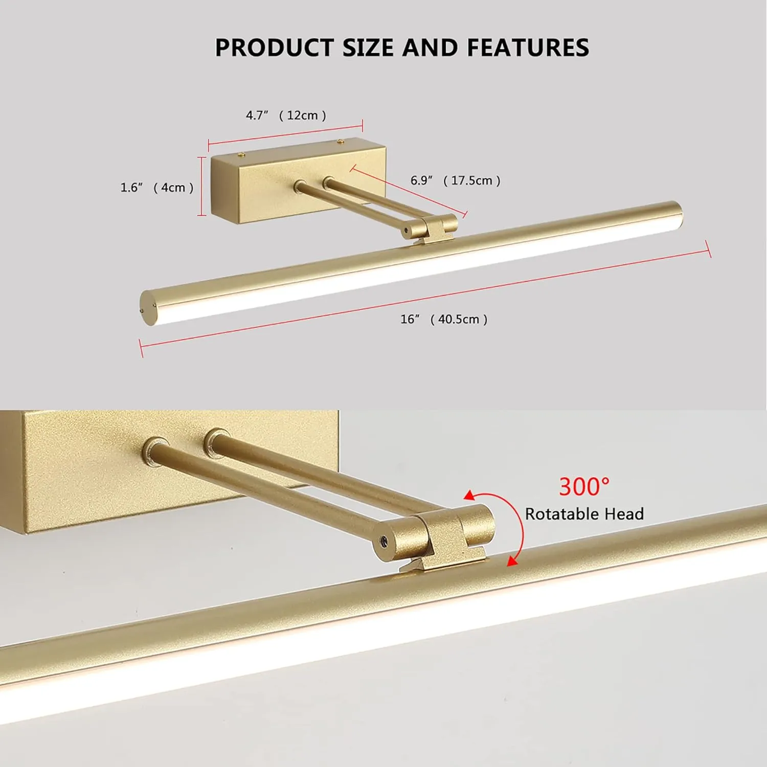 Battery Operated Picture Light,5200mAh Picture Lights for Wall with Remote,16 inch Art Light for Paintings, Gallery Lighting for Photo,Mirror,Artwork Frame,Portrait(Gold)