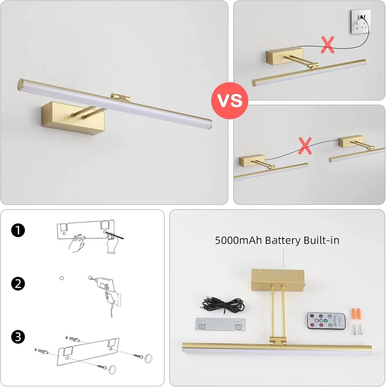 Battery Operated Picture Light,5200mAh Picture Lights for Wall with Remote,16 inch Art Light for Paintings, Gallery Lighting for Photo,Mirror,Artwork Frame,Portrait(Gold)