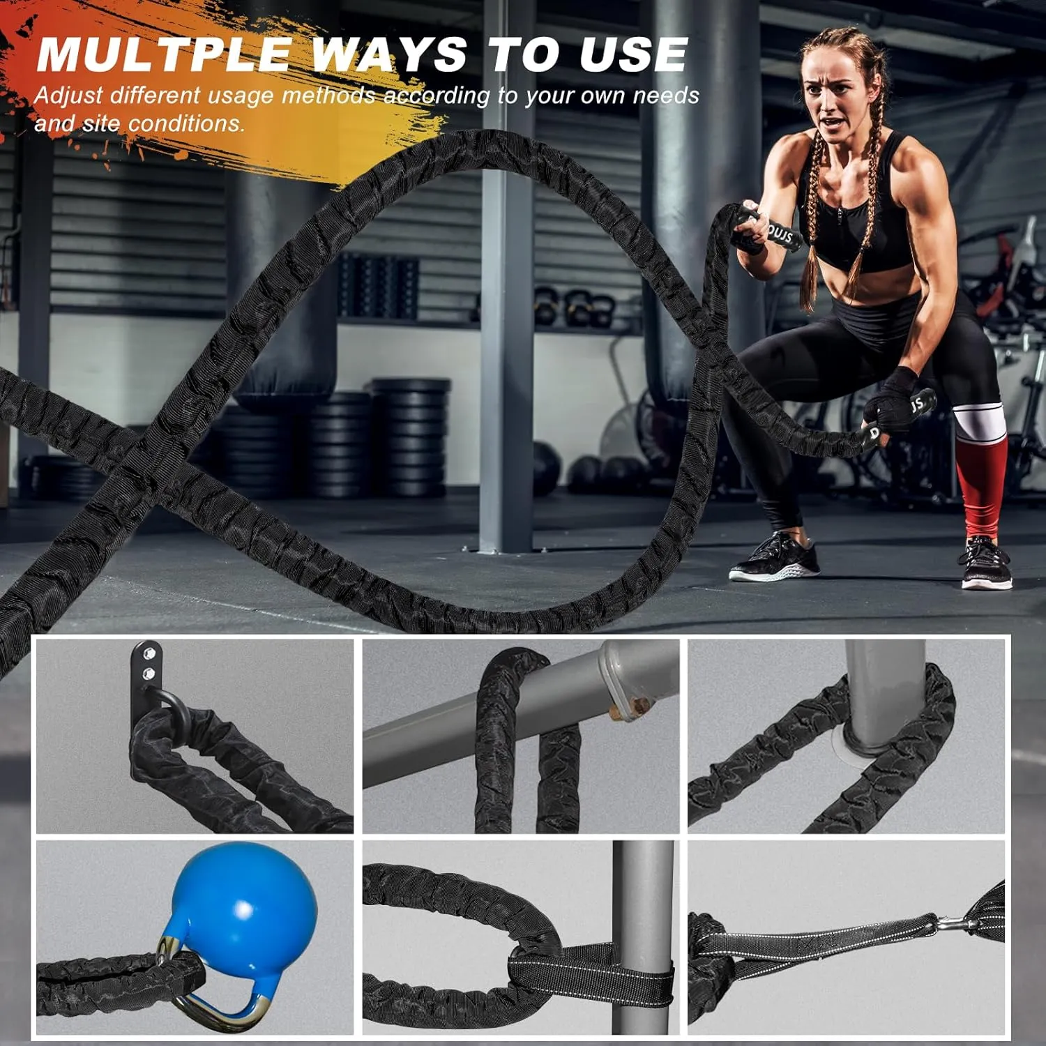 Battle Rope Workout Equipment 1.26 Inch Diameter 30FT Exercise Heavy Weighted Gym Battle Rope with Protective Cover Exercise Equipment Core Strength Training