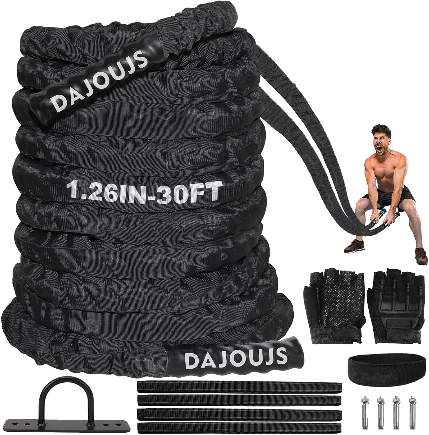 Battle Rope Workout Equipment 1.26 Inch Diameter 30FT Exercise Heavy Weighted Gym Battle Rope with Protective Cover Exercise Equipment Core Strength Training