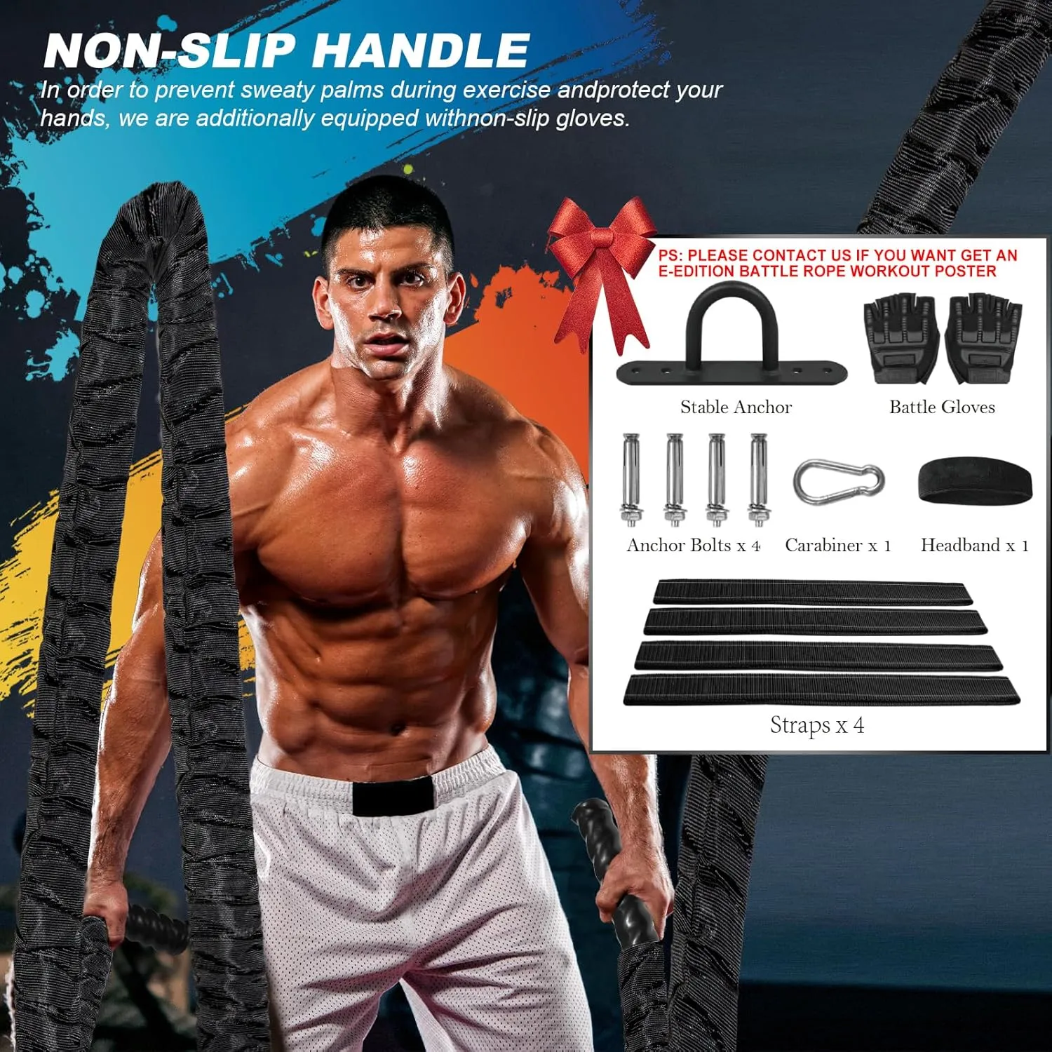 Battle Rope Workout Equipment 1.26 Inch Diameter 30FT Exercise Heavy Weighted Gym Battle Rope with Protective Cover Exercise Equipment Core Strength Training