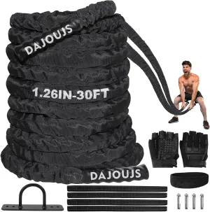 Battle Rope Workout Equipment 1.26 Inch Diameter 30FT Exercise Heavy Weighted Gym Battle Rope with Protective Cover Exercise Equipment Core Strength Training