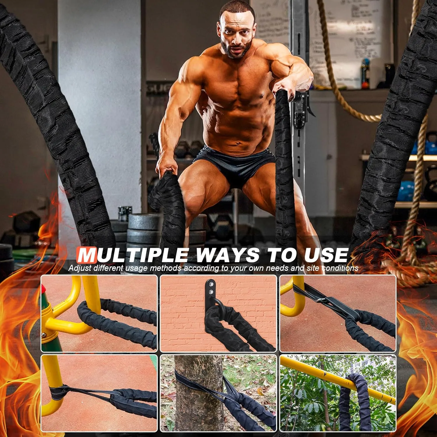 Battle Ropes for Home Gym, Exercise Rope 1.26/1.5inch, 30 40FT Heavy Battle Rope Weighted Battle Rope Training Heavy Rope for Workout Exercise