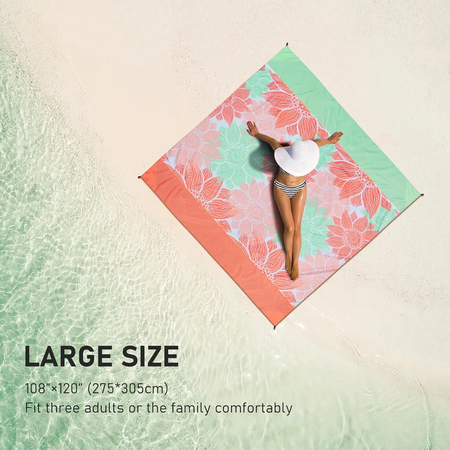 Beach Blanket Sandproof Extra Large Beach Mat Adults Waterproof Quick Drying Sand Free Mat Made by Premium Polyester with 4 Stakes & 4 Corner Pockets for Outdoor Travel Camping Hiking