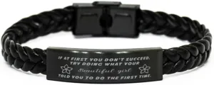 Beautiful girl Braided Leather Bracelet, If at first you don't succeed, try doing what your athletic trainer told you to do the first time., Laser Engraved, Stainless Steel Wristband