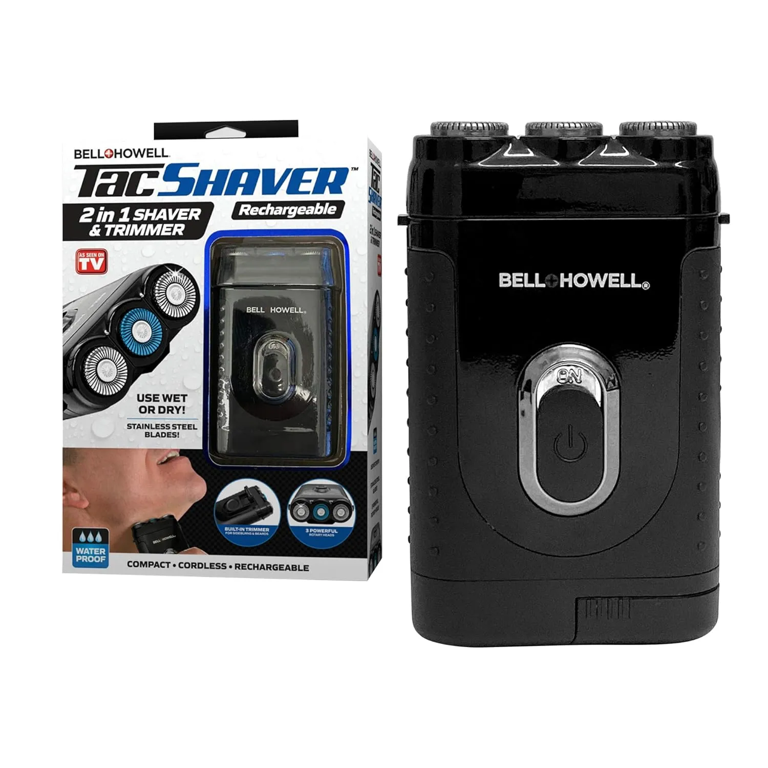 Bell Howell Tacshaver 3D Rechargeable Rotary Shaver for Men with Pop-up Trimmer for Sideburns, Moustache and Beard, Waterproof, Portable, and Cordless Electric Razor As Seen On TV (Deluxe)