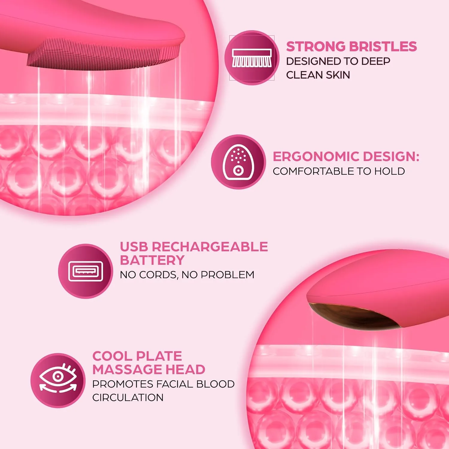 Bella Ciao 12-Speed Gentle Facial-Cleansing Brush, Rechargeable Silicone Face Scrubber, Deep-Cleaning and Exfoliating Face-Wash Brush, Water-Resistant Design, Pink