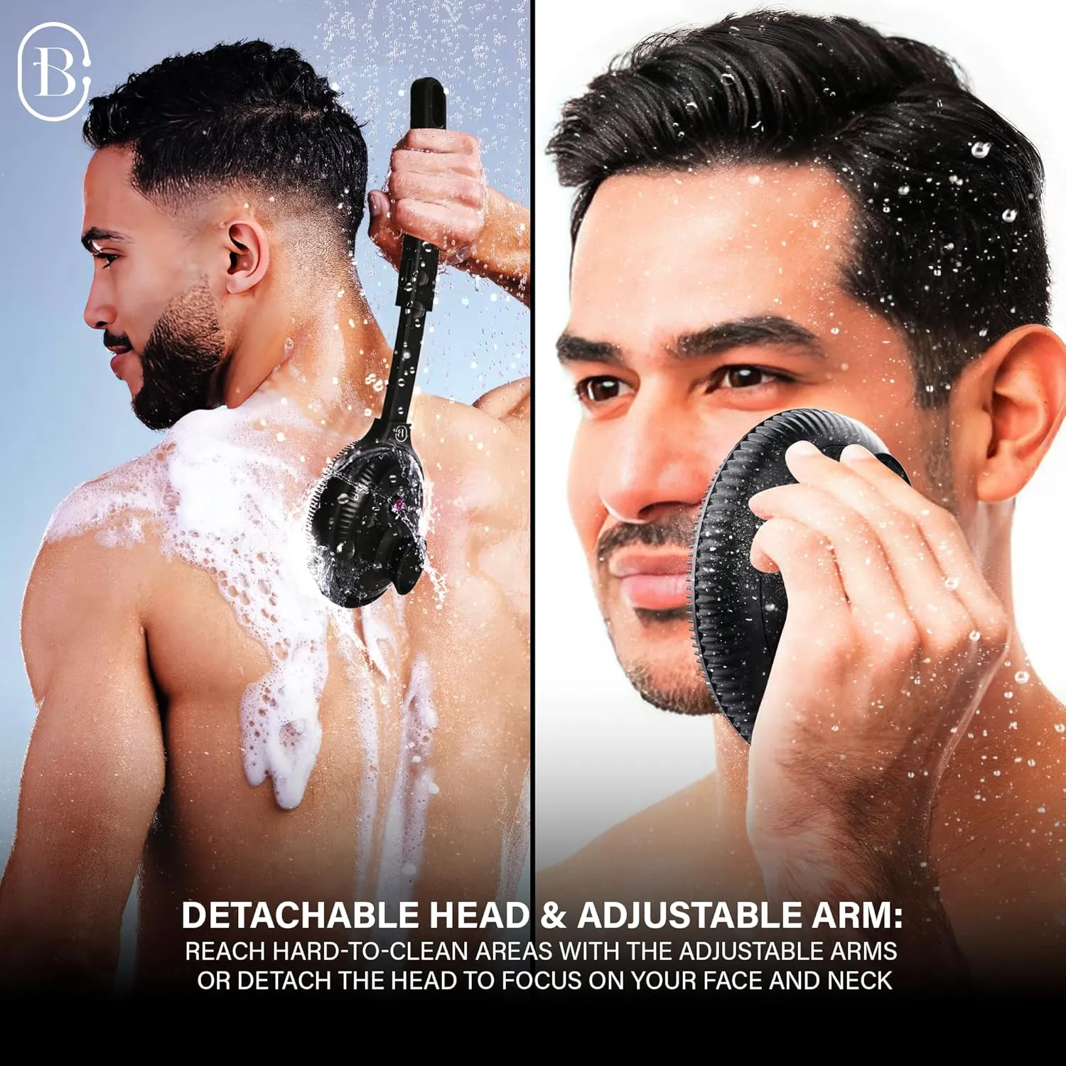 Bella Ciao Body & Face Electric Vibrating Shower Scrubber, 4 Vibrating Modes, Extendable Handle, Detachable Head – Silicone Massage Brush, Waterproof (Black)