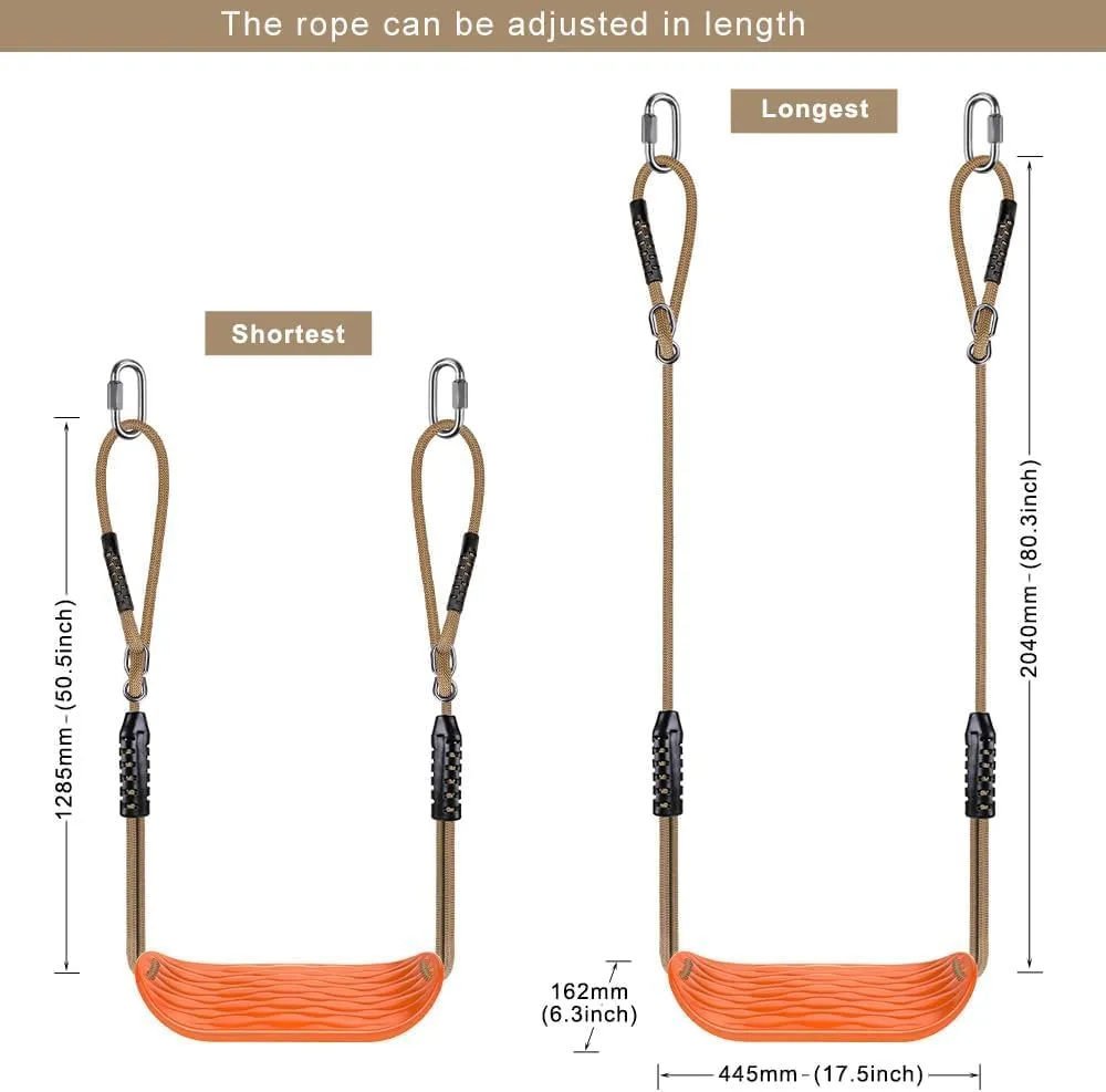 BeneLabel Non-Slip Swing Seat with Adjustable Rope and Carabiners - Heavy Duty Playground Swing Set Accessories for Kids and Adults - 220LB Capacity - Orange