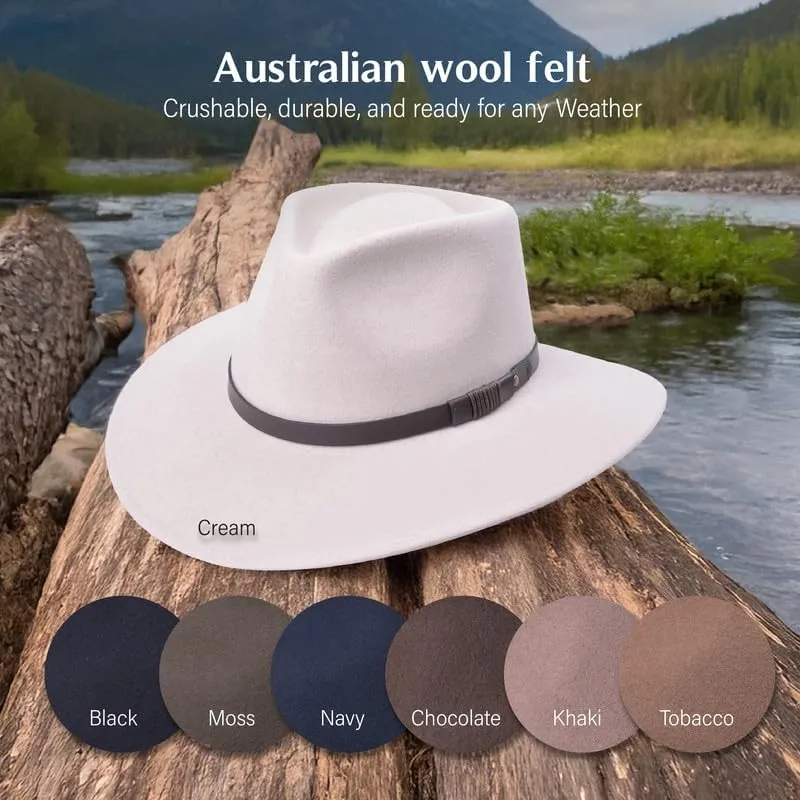 Bigalli Australian Hat for Women/Men 100% Wool Felt Outback Hat Crushable Waterproof Teardrop - Cowboy Cowgirl Hat