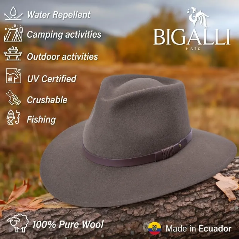 Bigalli Australian Hat for Women/Men 100% Wool Felt Outback Hat Crushable Waterproof Teardrop - Cowboy Cowgirl Hat