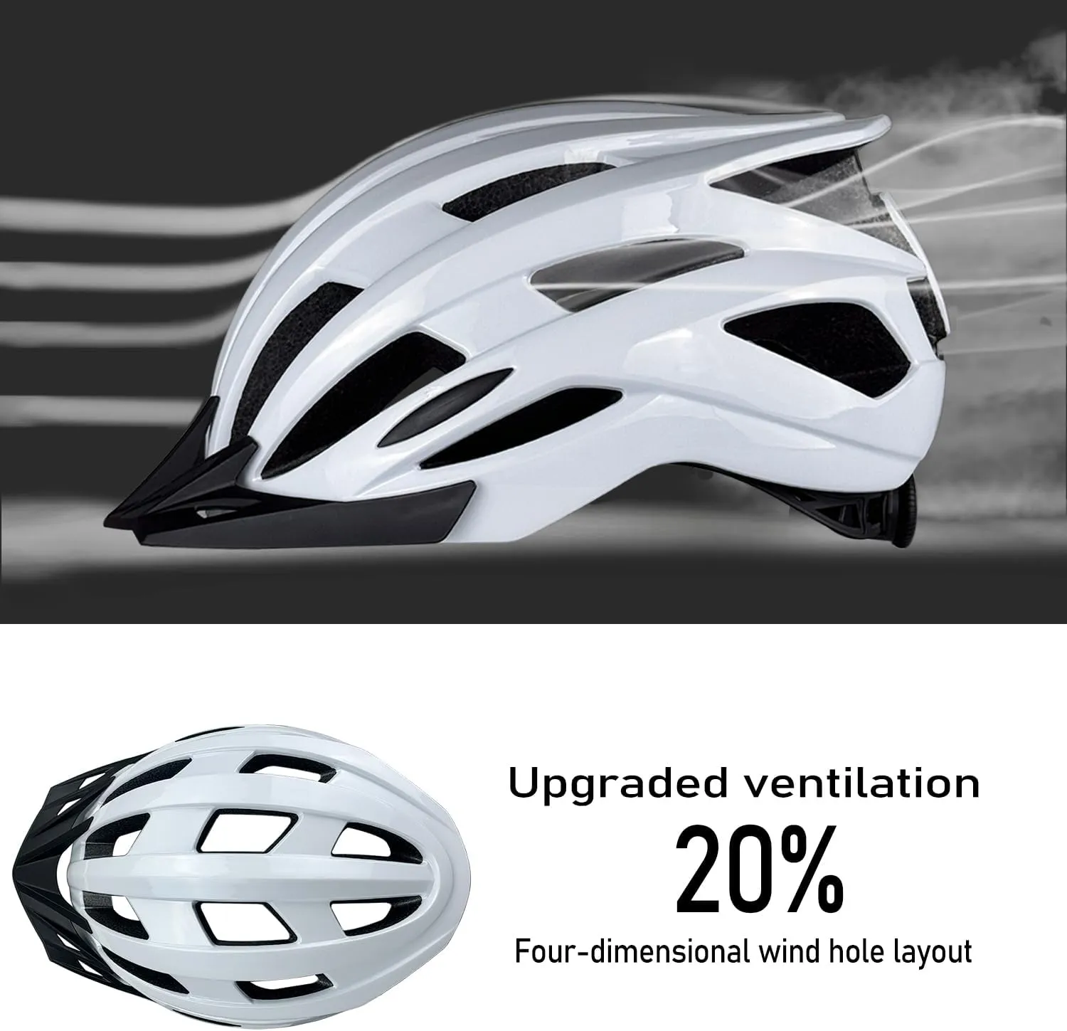 Bike Helmet for Adult Men Women with Multi-Mode Rear LED Light, with Suggested Fit 56-62cm, Lightweight with Adjustable Dial, Side and Chin Strap, Carbon Black Shiny Surface