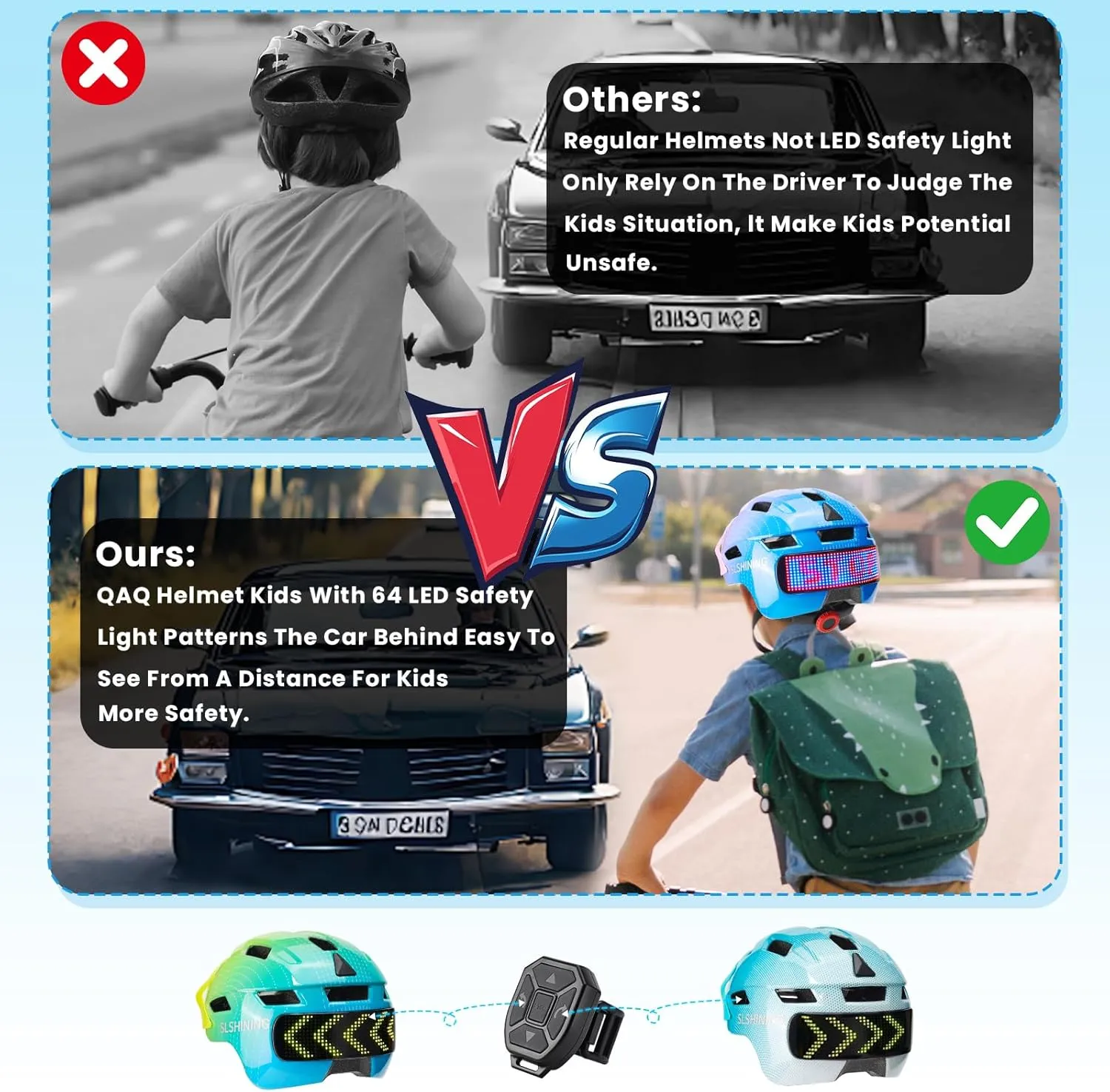 Bike Helmet for Kids 8-14/5-8 with Rechargeable 64 LED Safety Light Patterns Remote Control, Toddler Helmet for Kids 3-5 Breathable & Lightweight, Adjustable Detachable Visor for Multi-Sport