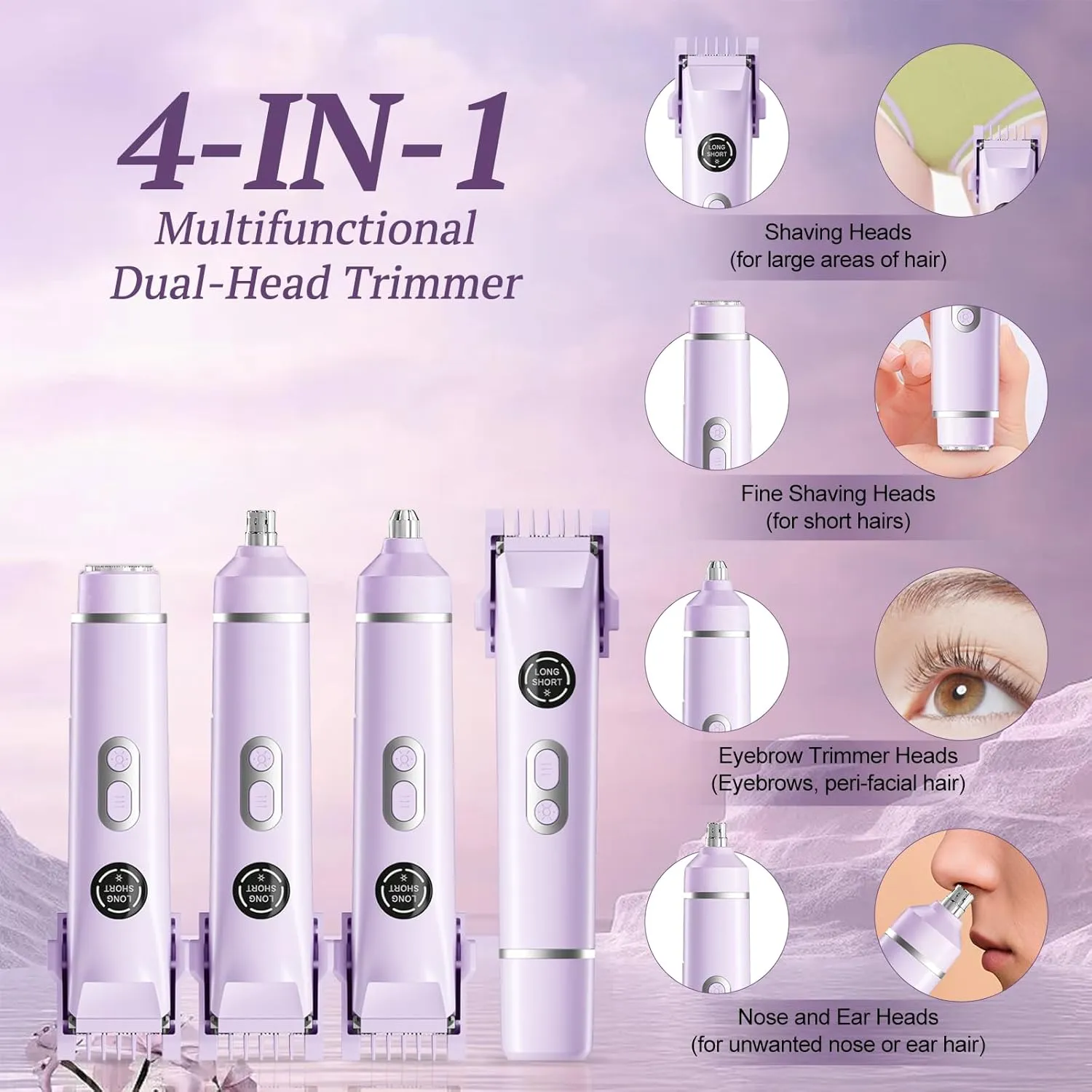 Bikini Trimmer for Women, 4 in 1 Wet/Dry Electric Razors for Women - Dual Head, Painless Rechargeable Portable Womens Razors for Shaving Set for Face, Nose, Eyebrows, Armpits, Bikini Area (Purple)