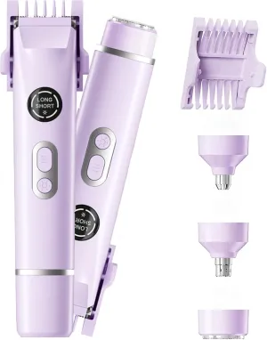 Bikini Trimmer for Women, 4 in 1 Wet/Dry Electric Razors for Women - Dual Head, Painless Rechargeable Portable Womens Razors for Shaving Set for Face, Nose, Eyebrows, Armpits, Bikini Area (Purple)