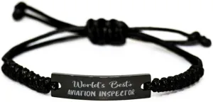Black Rope Bracelet, World's Best Aviation Inspector, Laser Engrave Stainless Steel Black Rope Bracelet, Engraved Bracelet for Aviation Inspector, Gifts for Aviation Inspector