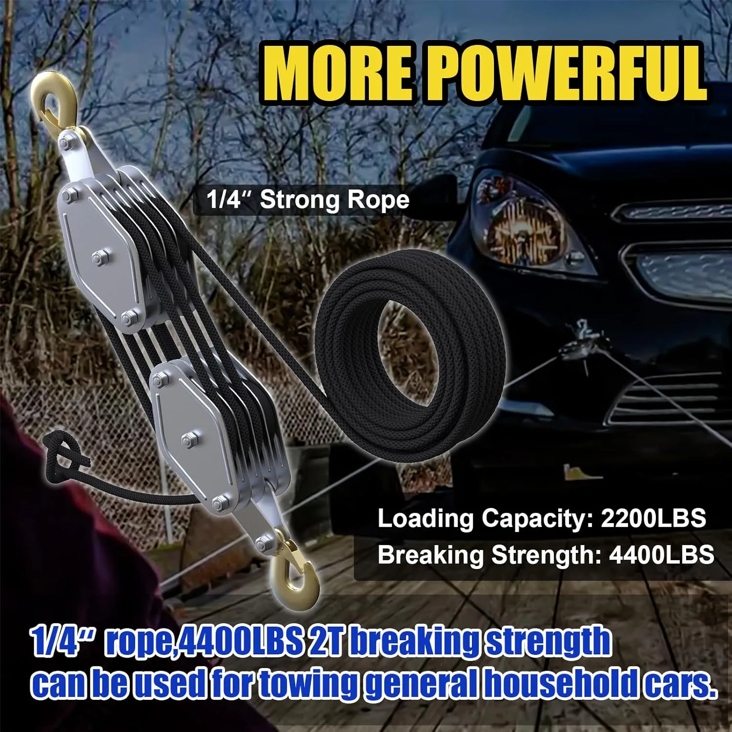 Block and Tackle 4400 LB Breaking Strength Heavy Duty Pulley, 65 Ft Rope Pulley, Upgraded Metal Bearing, 7:1 Lifting Power Pulley System, Pulley Hoist for Lifting Heavy Objects(Black)