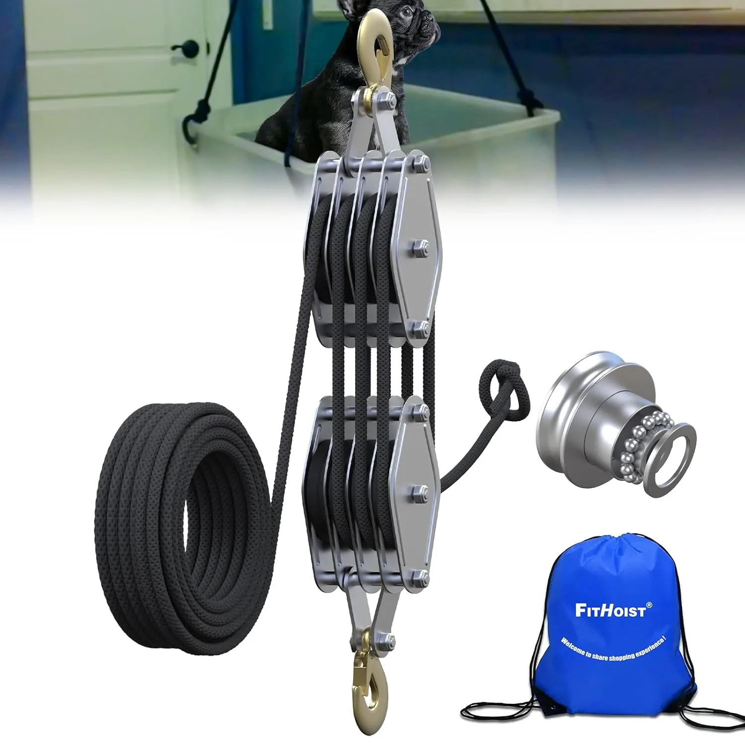 Block and Tackle 4400 LB Breaking Strength Heavy Duty Pulley, 65 Ft Rope Pulley, Upgraded Metal Bearing, 7:1 Lifting Power Pulley System, Pulley Hoist for Lifting Heavy Objects(Black)