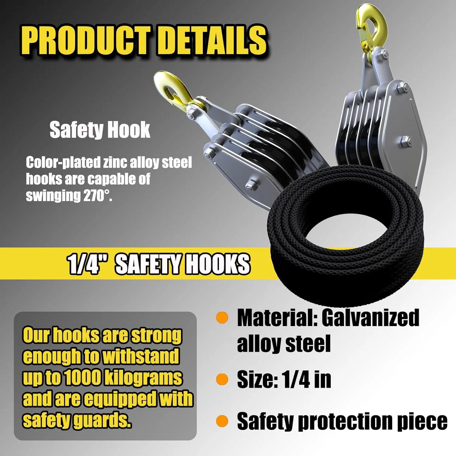 Block and Tackle 4400 LB Breaking Strength Heavy Duty Pulley, 65 Ft Rope Pulley, Upgraded Metal Bearing, 7:1 Lifting Power Pulley System, Pulley Hoist for Lifting Heavy Objects(Black)