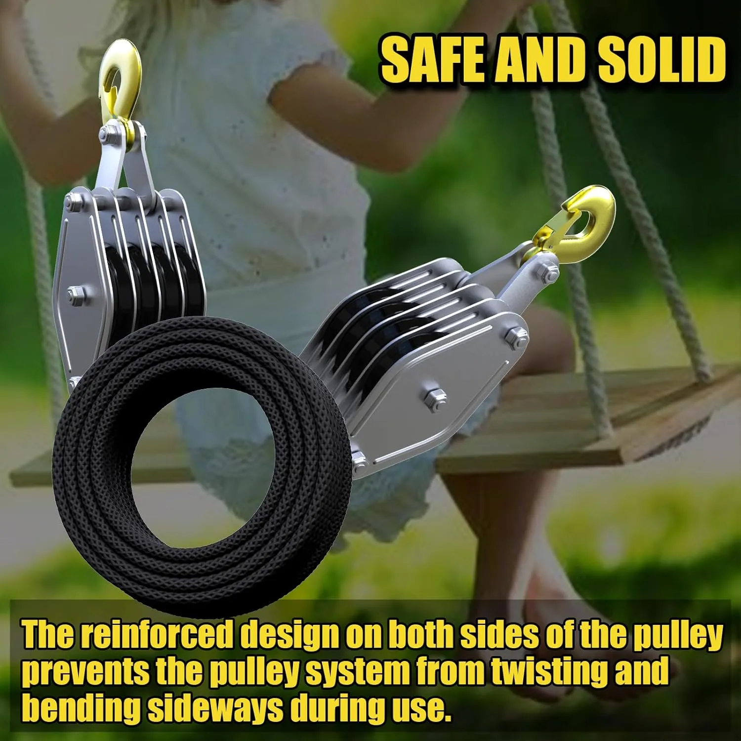 Block and Tackle 4400 LB Breaking Strength Heavy Duty Pulley, 65 Ft Rope Pulley, Upgraded Metal Bearing, 7:1 Lifting Power Pulley System, Pulley Hoist for Lifting Heavy Objects(Black)