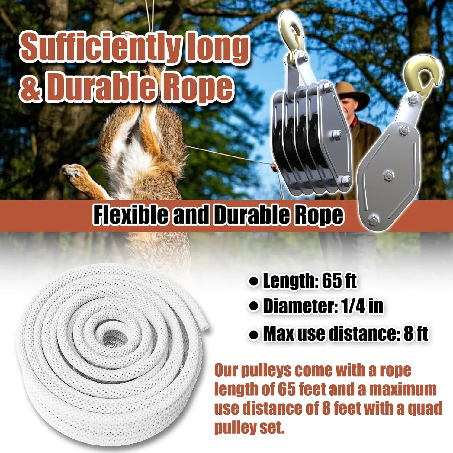 Block and Tackle Pulley System 4400 LBS Breaking Strength, 1100 LBS Work Load Pulley System for Lifting, 7:1 Lifting Power, 65 Feet 3/8" Rope Hoist, Heavy-Duty Pulley Hoist