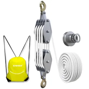 Block and Tackle Pulley System 4400 LBS Breaking Strength, 1100 LBS Work Load Pulley System for Lifting, 7:1 Lifting Power, 65 Feet 3/8" Rope Hoist, Heavy-Duty Pulley Hoist