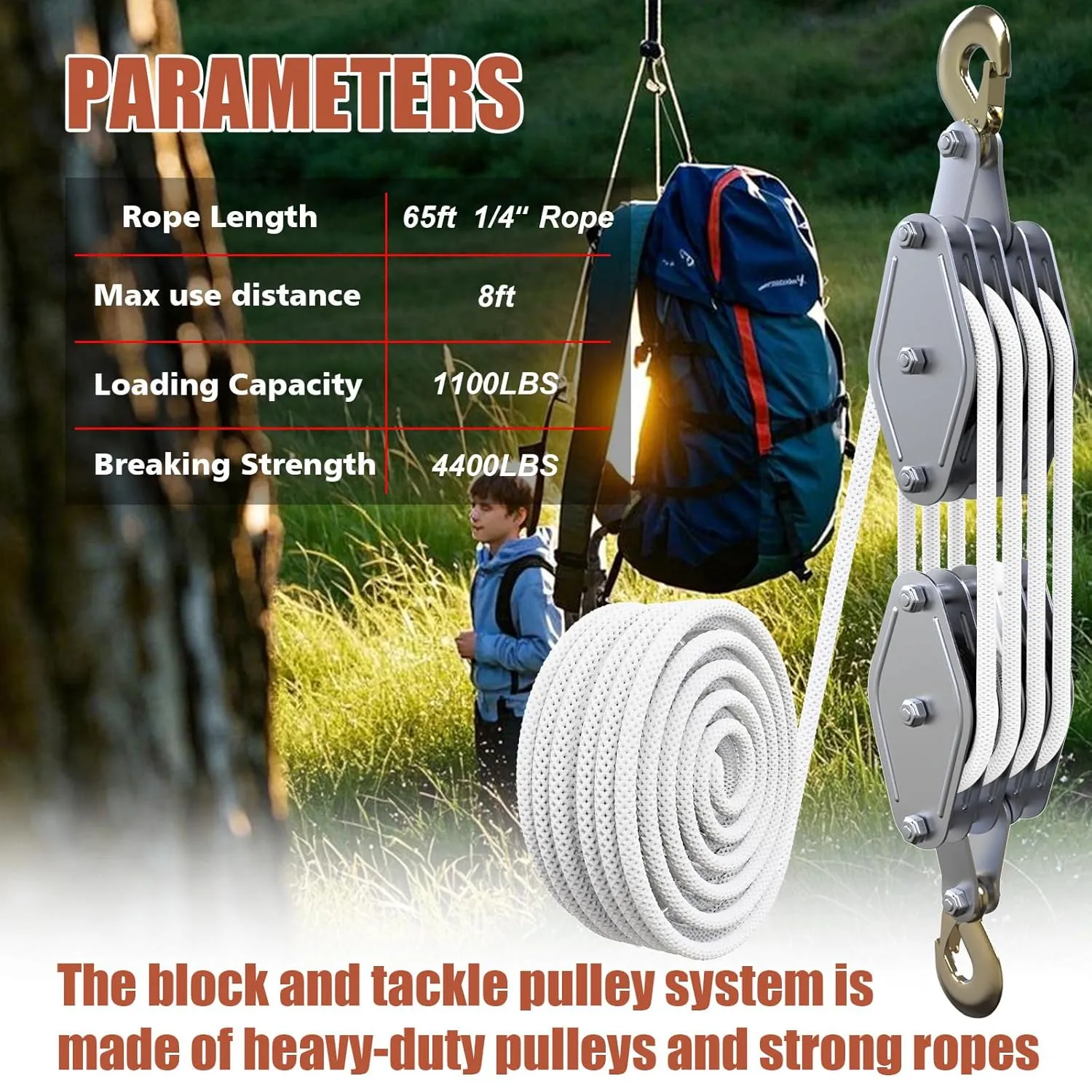 Block and Tackle Pulley System 4400 LBS Breaking Strength, 1100 LBS Work Load Pulley System for Lifting, 7:1 Lifting Power, 65 Feet 3/8" Rope Hoist, Heavy-Duty Pulley Hoist