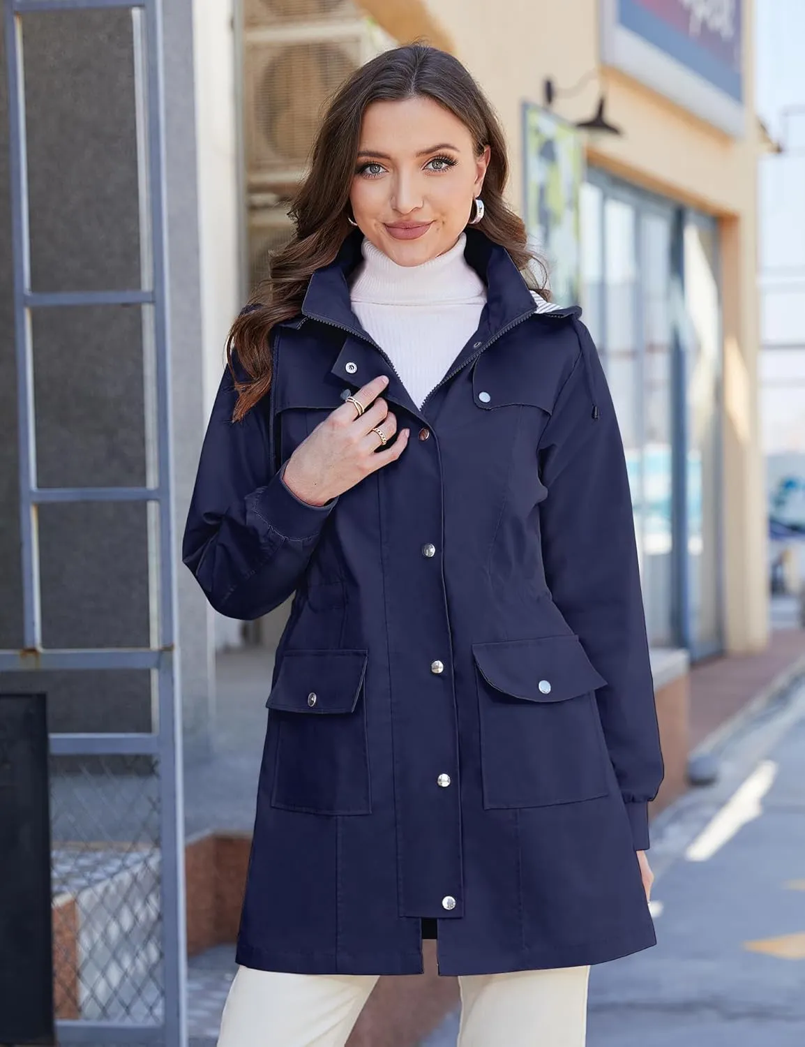 Bloggerlove Rain Jacket Women Lightweight Raincoat Waterproof Windbreaker Striped Climbing Outdoor Hooded Trench Coats S-XXL