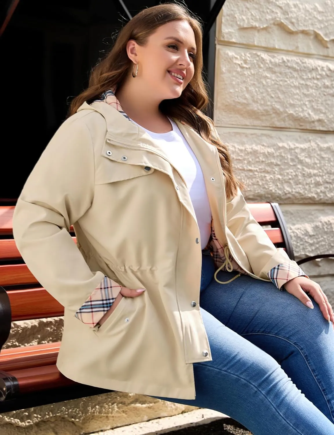 Bloggerlove Rain Jacket Women Plus Size Long Raincoat with Hood Waterproof Outdoor Trench Coat