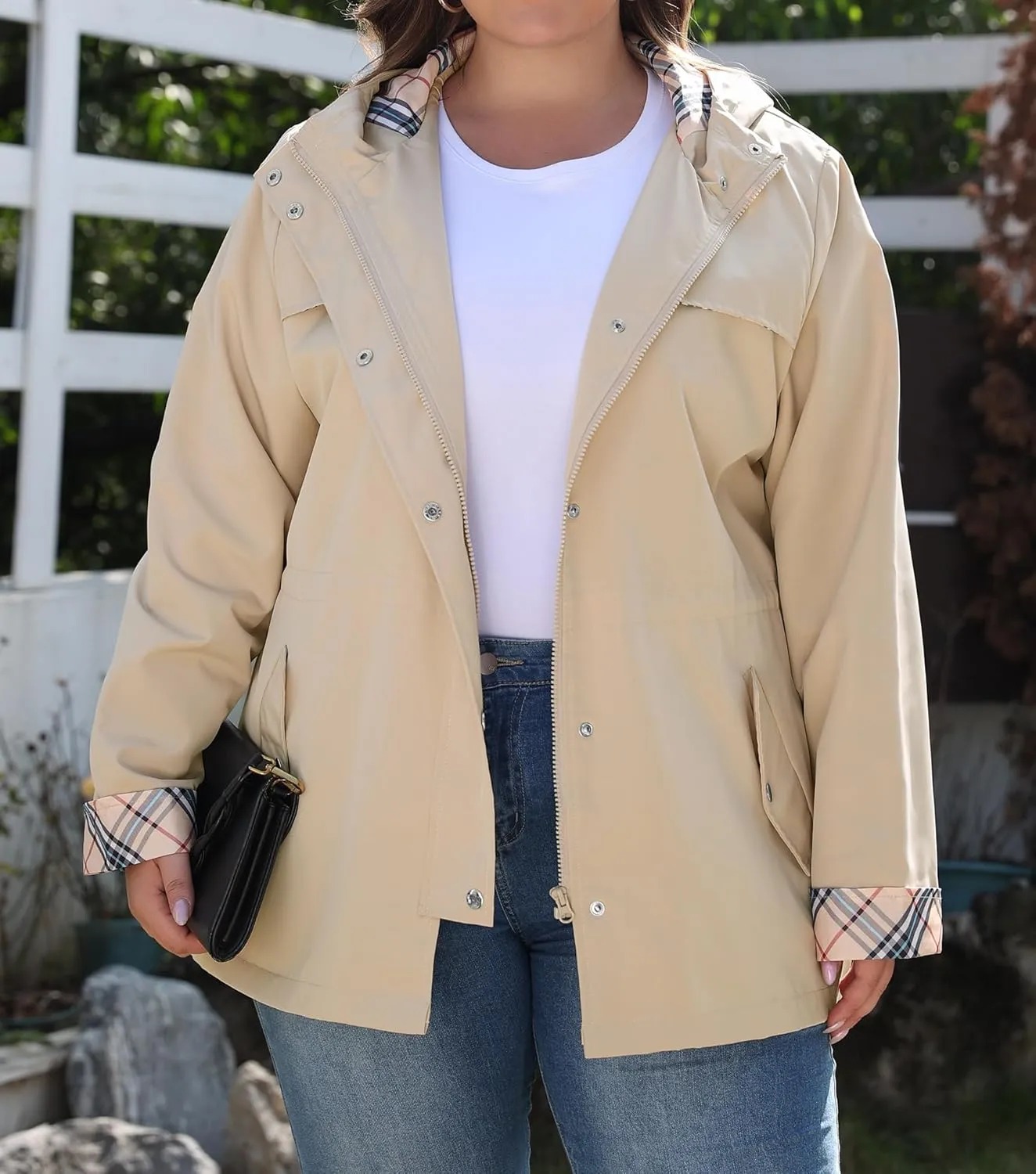 Bloggerlove Rain Jacket Women Plus Size Long Raincoat with Hood Waterproof Outdoor Trench Coat
