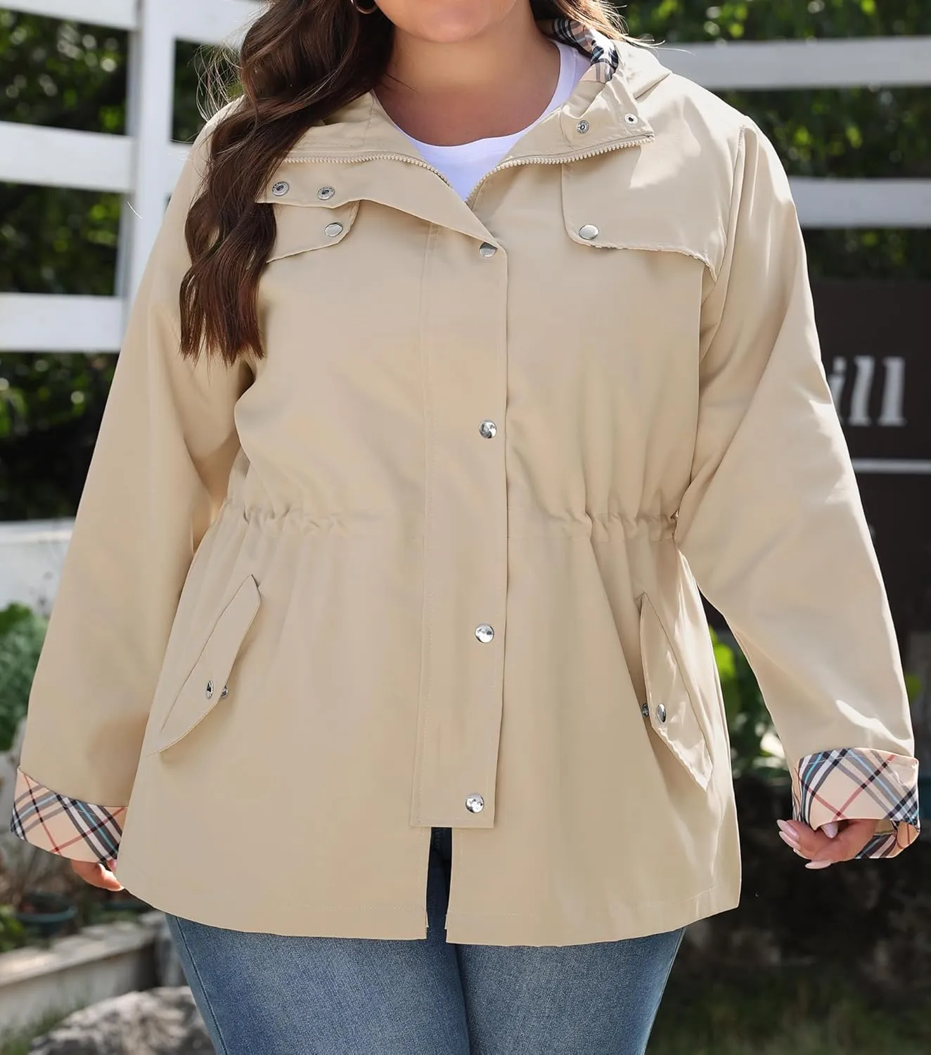 Bloggerlove Rain Jacket Women Plus Size Long Raincoat with Hood Waterproof Outdoor Trench Coat