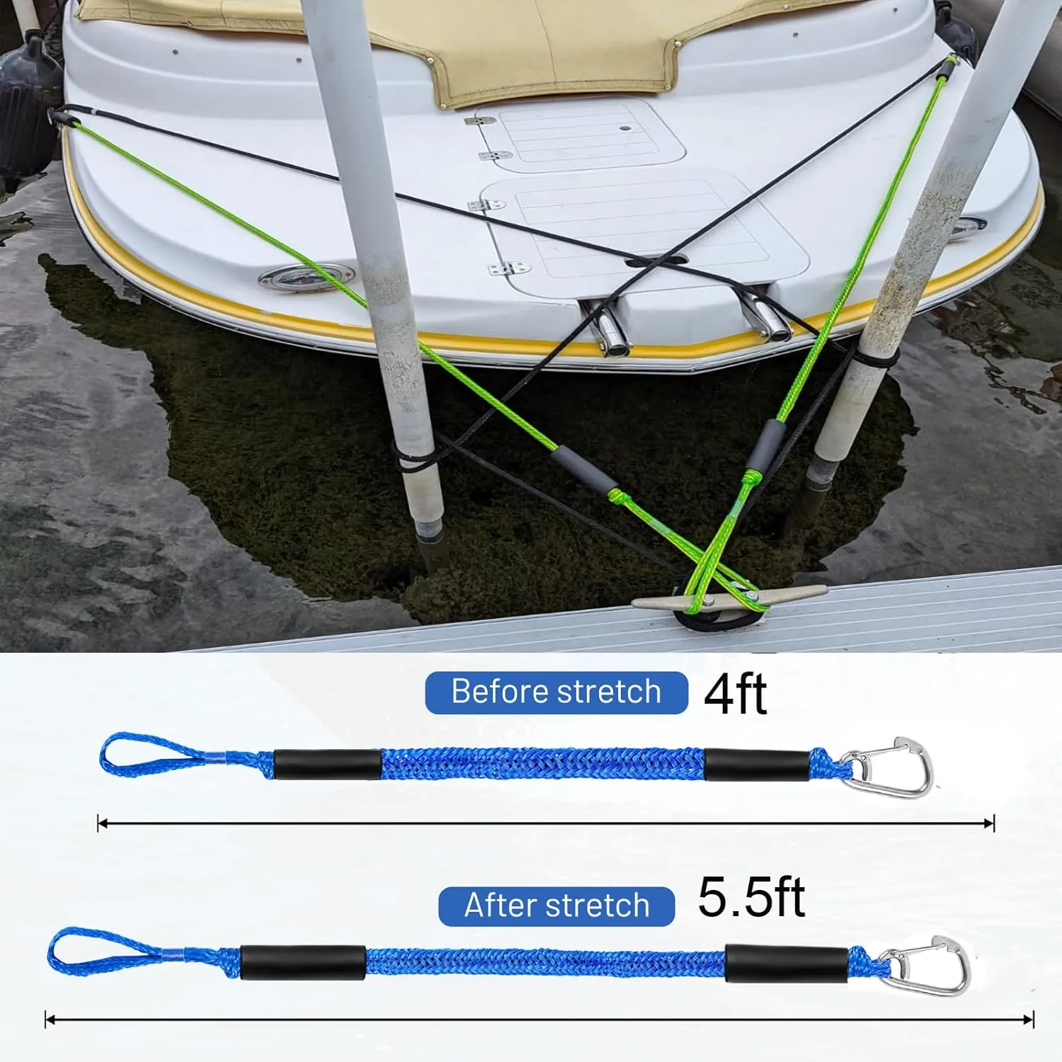 Boat Bungee Dock Lines, Mooring Rope with Stainless Steel Clip,Boat Ropes for Docking, Boat Accessories, Suit for PWC, Kayak, Jet Ski, Seadoo, WaveRunner, Pontoon, Bass Boat, 4ft (Blue)
