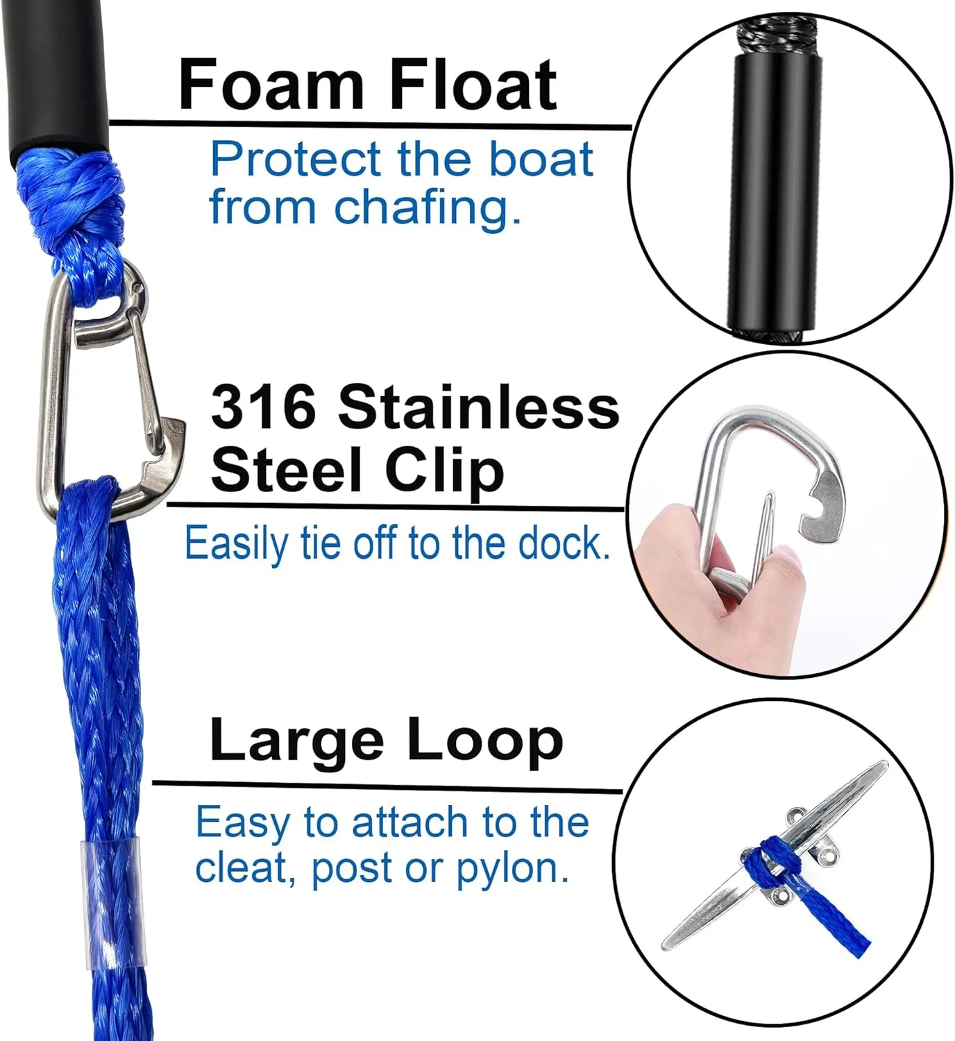 Boat Bungee Dock Lines, Mooring Rope with Stainless Steel Clip,Boat Ropes for Docking, Boat Accessories, Suit for PWC, Kayak, Jet Ski, Seadoo, WaveRunner, Pontoon, Bass Boat, 4ft (Blue)