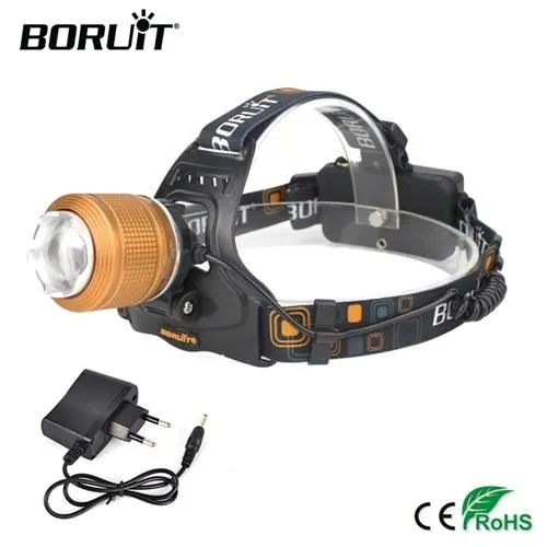 BORUiT 3-Mode Zoomable Headlamp XML T6 LED Headlight IPX4 Waterproof Head Torch Camping Fishing Flashlight by 18650 Battery