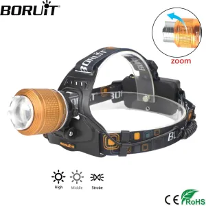 BORUiT 3-Mode Zoomable Headlamp XML T6 LED Headlight IPX4 Waterproof Head Torch Camping Fishing Flashlight by 18650 Battery