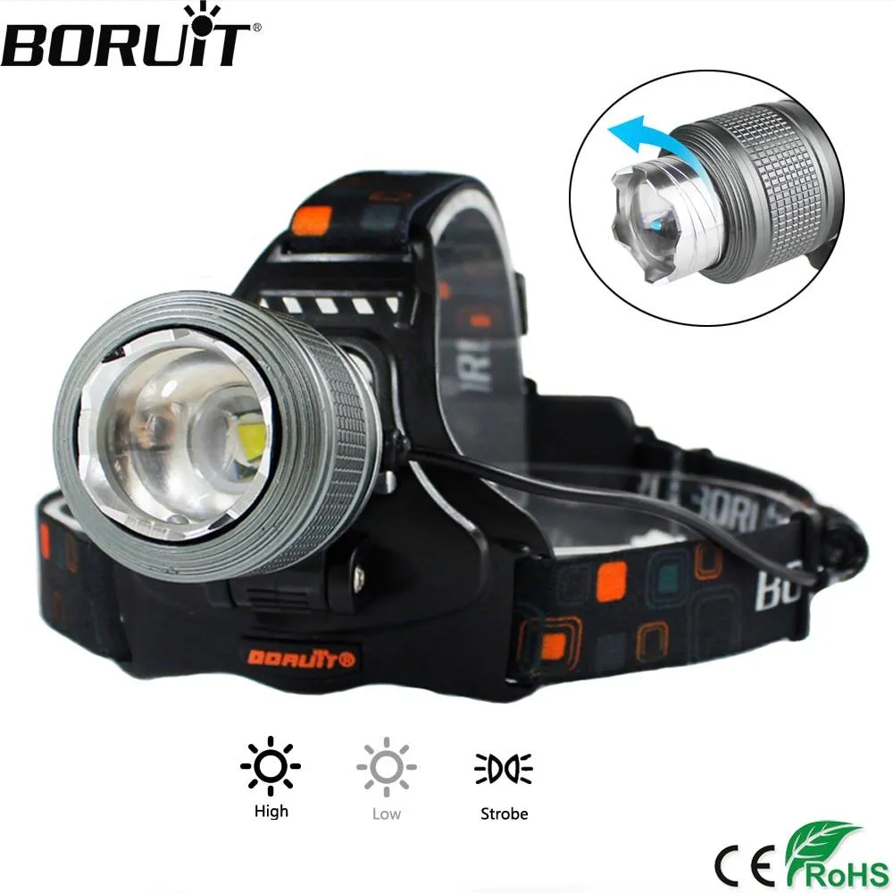 BORUiT 5000LM XML T6 LED Headlight 3-Mode Zoomable Headlamp IPX4 Waterproof Head Torch Camping Hunting Flashlight 18650 Battery