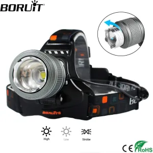 BORUiT 5000LM XML T6 LED Headlight 3-Mode Zoomable Headlamp IPX4 Waterproof Head Torch Camping Hunting Flashlight 18650 Battery
