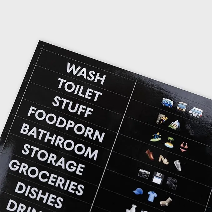 BOXIO - Stickers: 26 Weatherproof Self-Adhesive Labels for BOXIO Toilet, Wash, Cook, Solo Perfect as Organiser for Camping, Outdoor, Household - Waterproof, Photo Stickers, Labels, Stickers, 5x1 cm