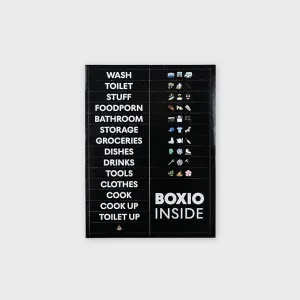 BOXIO - Stickers: 26 Weatherproof Self-Adhesive Labels for BOXIO Toilet, Wash, Cook, Solo Perfect as Organiser for Camping, Outdoor, Household - Waterproof, Photo Stickers, Labels, Stickers, 5x1 cm