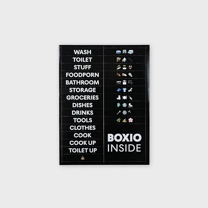 BOXIO - Stickers: 26 Weatherproof Self-Adhesive Labels for BOXIO Toilet, Wash, Cook, Solo Perfect as Organiser for Camping, Outdoor, Household - Waterproof, Photo Stickers, Labels, Stickers, 5x1 cm