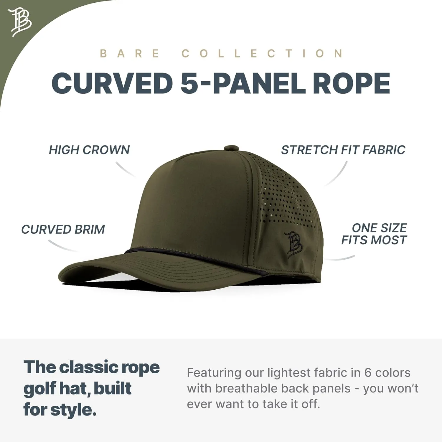 Branded Bills Bare Curved 5 Panel Rope Hat, Adjustable Snapaback, Fitted Style | Lightweight, Comfort Stretch, Quick Dry Cap