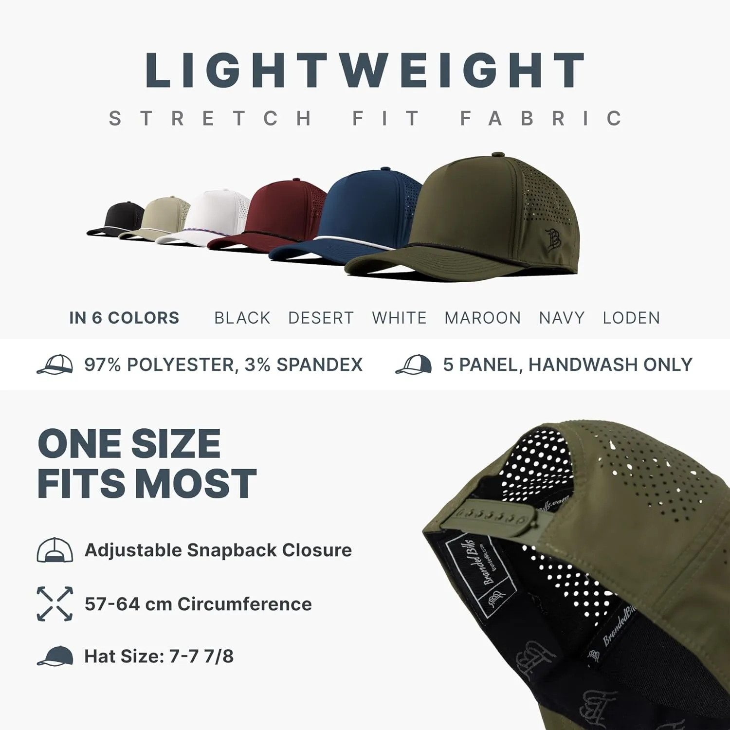 Branded Bills Bare Curved 5 Panel Rope Hat, Adjustable Snapaback, Fitted Style | Lightweight, Comfort Stretch, Quick Dry Cap