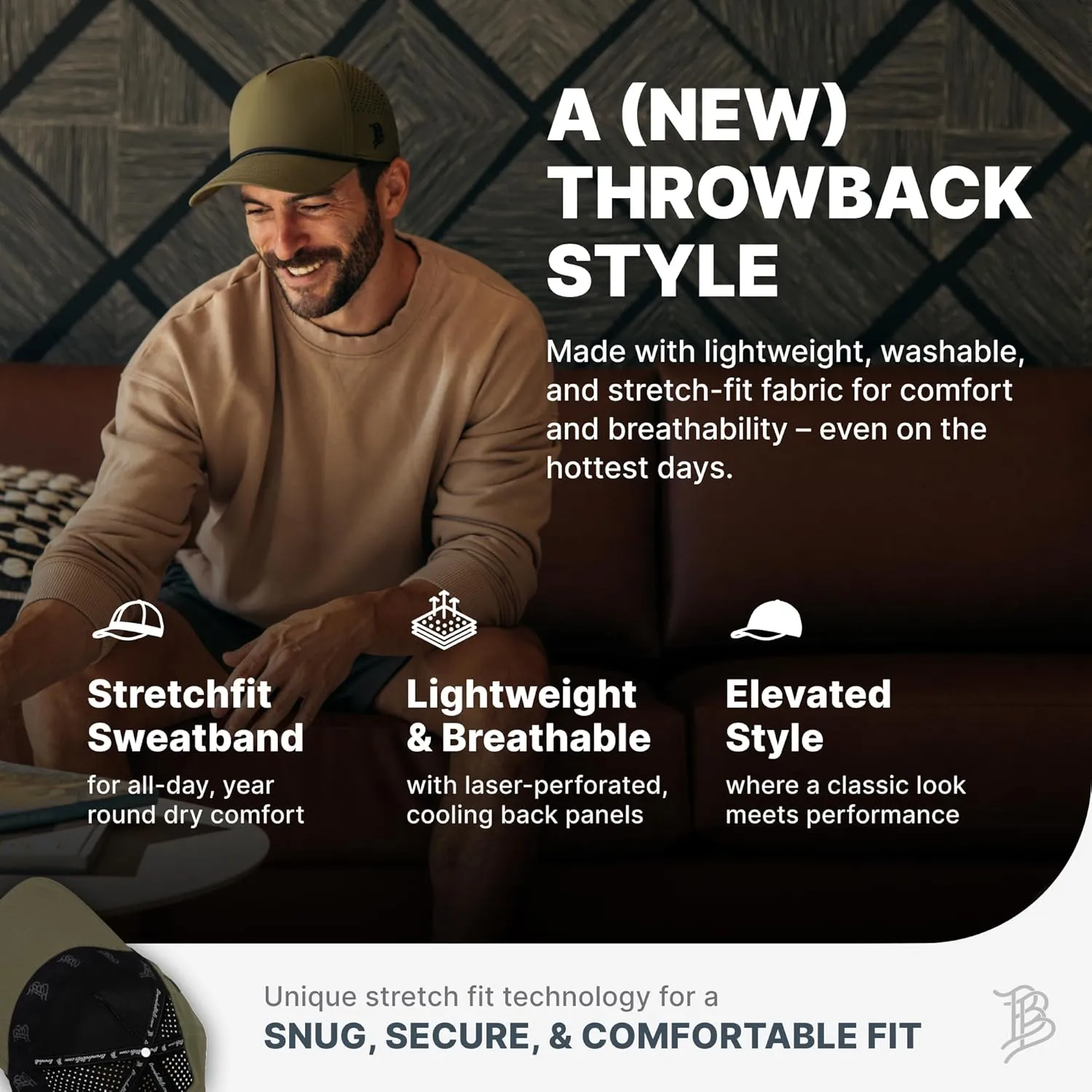 Branded Bills Bare Curved 5 Panel Rope Hat, Adjustable Snapaback, Fitted Style | Lightweight, Comfort Stretch, Quick Dry Cap