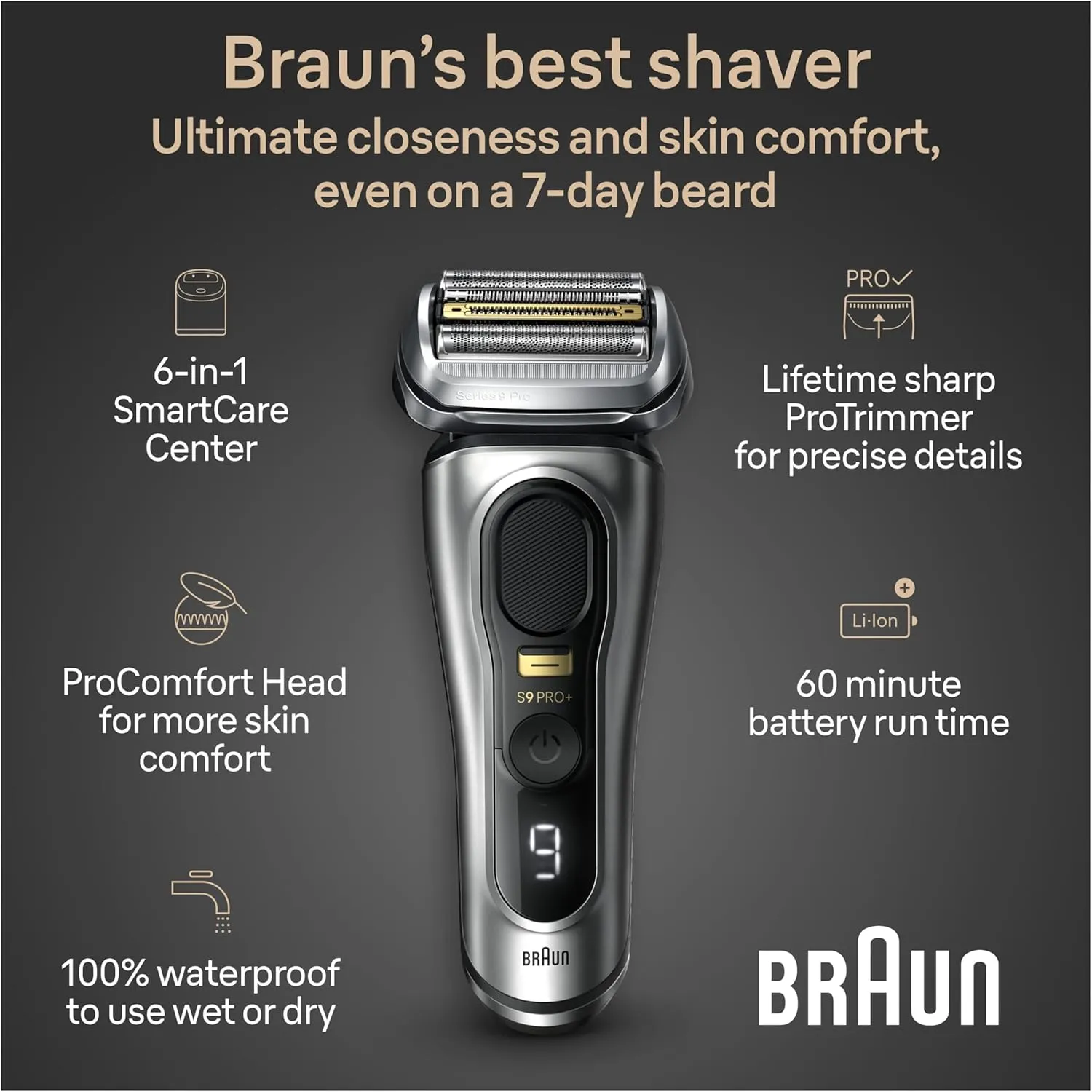 Braun Series 9 PRO  Electric Razor for Men, 5 Pro Shaving Elements and Shave-Preparing ProComfort Head for Closeness & Skin Comfort, 6in1 SmartCare Center, Wet or Dry Use, Charging Stand, 9597cc