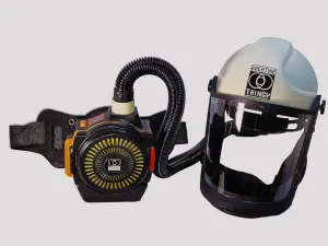 Breathie Thingy Powered Air Purifying Respirator (PAPR), Beige Helmet, Black Blower.