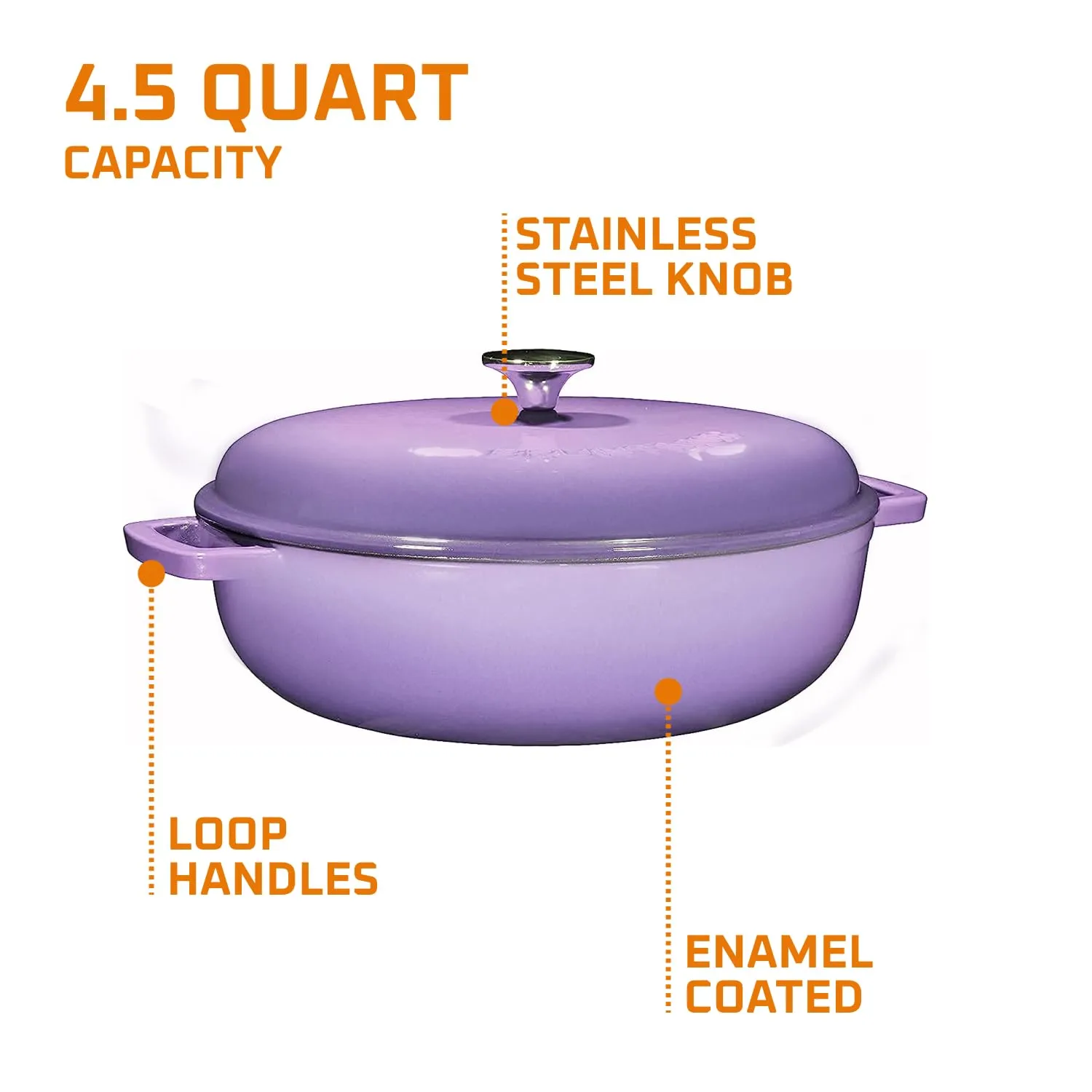 Bruntmor 4.5 Quart Pre-Seasoned Enameled Cast Iron Dutch Ovens - Purple Crock Pot with Dual Handles and Lid - Versatile Cast Iron Skillet - Shallow Cookware Braising Pan for Casserole Dish and Baking