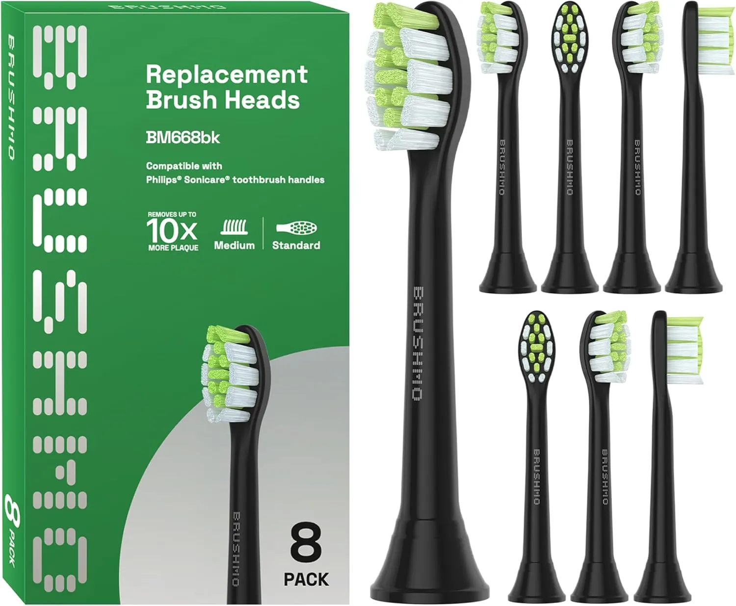 Brushmo Whitening Replacement Toothbrush Heads Compatible with Philips Sonicare DiamondClean HX6062/65, Black, 8 Pack