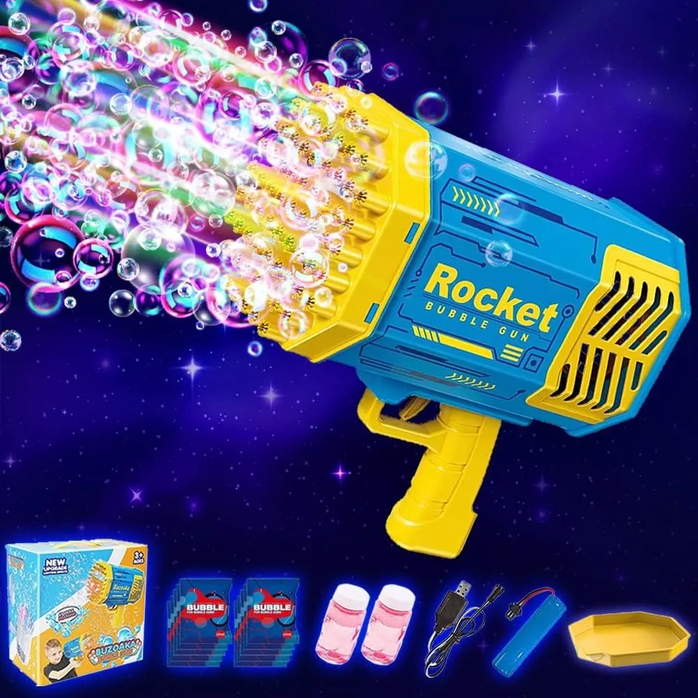 Bubble Gun Ba zooka 69 Holes,Rocket Boom Bubble Machine Gun Blaster, Electric Gatling Launcher Bubble Machine Gun with Light Blower for Adults Kids, Toys Gift for Outdoor Birthday Wedding Party-Blue